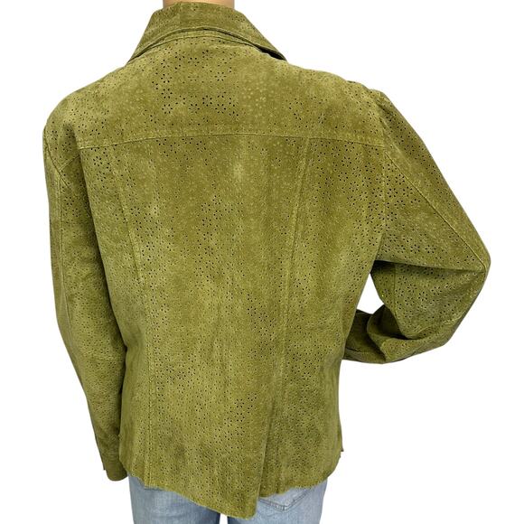 Aria 100% Leather Jacket Eyelet Moss Green Button Front Long Sleeve Size L - Picture 5 of 10